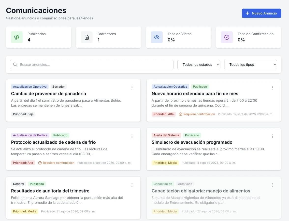 Plexo | vista del módulo Comunicaciones y anuncios