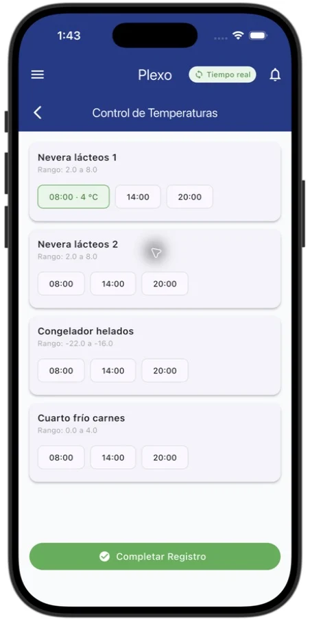 Registro de temperaturas de Plexo para iOS con una lectura de 4 °C y controles programados.