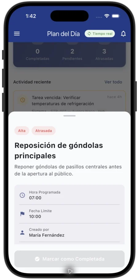 Plexo iOS task details showing instructions and due date for a fictional replenishment task.